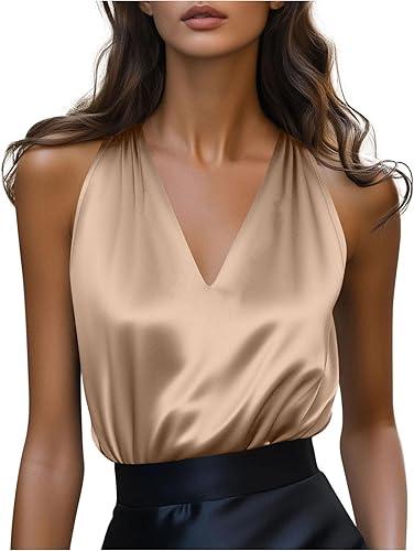 Womens Silk Satin Tank Tops V Neck Blouses Sleeveless Casual Tank Shirts Front Ruched Shirt Solid Color Basic Camisole