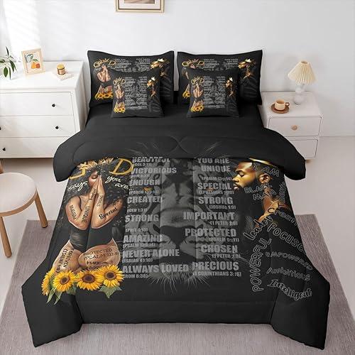 Castle Fairy Africa American 7 Piece Comforter & Sheet Sets Full Size,Inspirational Quotes Bedding Set Tiger and Black People Bed in a Bag Couple Quotes Flat & Fitted Sheets,4 Pillow Covers