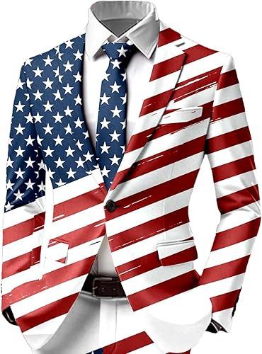 American Flag Blazers Jacket for Men 4th of July Suit Coat Notched Lapel Long Sleeve Wedding Party Jackets Coats with Ties