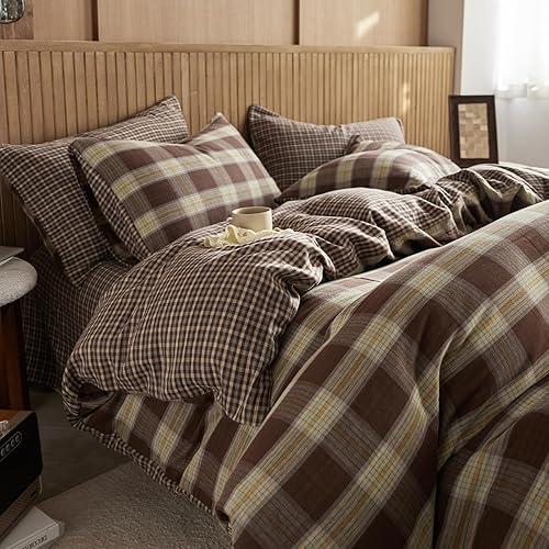 EAVD Vintage Yellow&Brown Plaid Duvet Cover Queen Soft 100% Muslin Cotton Retro Grid Checkered Plaid Bedding Set with 2 Pillowcases Farmhouse Reversible Gingham Duvet Cover with Zipper Closure