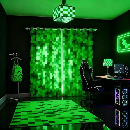 Green Pixelated Miner Curtains,Video Games Kids Window Curtain,Curtains for Boys Bedroom Decor,Cartoon Gamepad Blackout Window Treatment Curtain Modern Geometric Check Drapes, 2 Panels Set ,38Wx54L