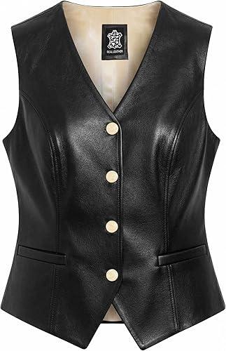 Women’s Real Lambskin Leather Vest - Sleeveless Style V-Neck Leather Waistcoat Women — 16% off