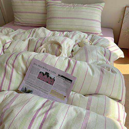 EAVD Vintage Style Striped Duvet Cover Queen Size Soft 100% Cotton Green Purple Vertical Stripes Pattern Bedding Set with 2 Pillowcases Reversible Farmhouse Geometric Pattern Duvet Cover with Zipper
