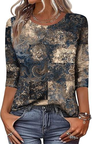 Women's Blouses, 3/4 Sleeve Shirts Round Neck Loose Casual Blouses Floral Print Tops, S-3XL