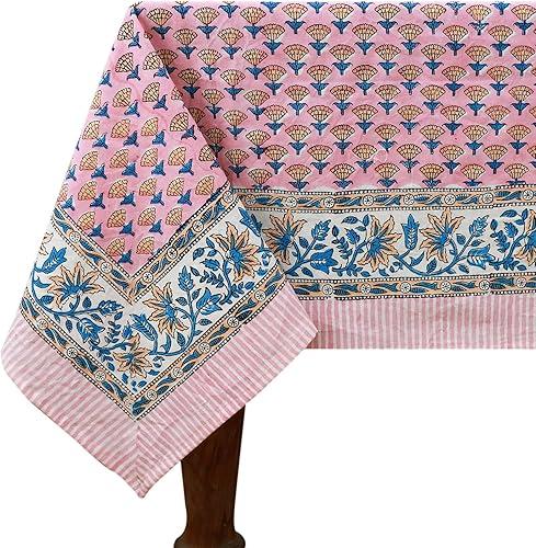 60x60 Inches Square Hand Block Printed Cotton Tablecloth, Pink Blue Floral Table Cloths Washable, Indian Table Linen for Valentine Thanksgiving Gifts Home Decor Dinning Outdoor