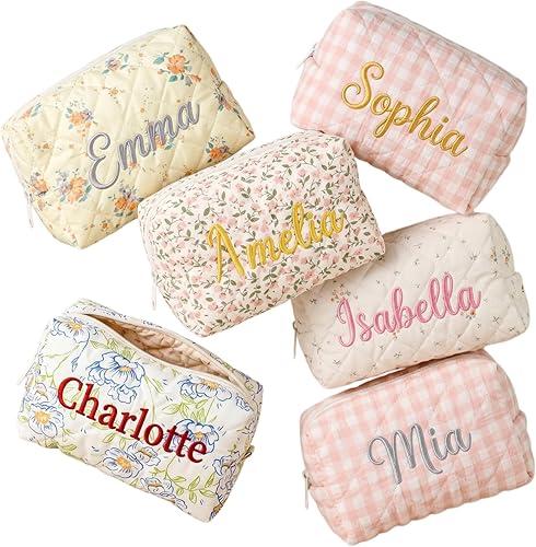 Personalized Makeup Bag Custom Embroidered Name Cosmetic Pouch, Quilted Floral Travel Toiletry Organizer for Women (Flat Pouch)