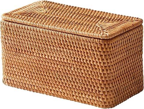 YUNMANLYL Rattan Storage Basket with Lid, Honey Brown Wicker Organizer Box, Small Decorative Storage Bin for Bathroom, Bedroom or Closet, 11.8" x 7.9" x 4.3"