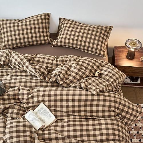 EAVD Vintage Style Brown&Beige Plaid Duvet Cover Set Queen Soft 100% Washed Cotton Like Linen Feel 3-Piece Checkered Gingham Duvet Cover with 2 Pillowcases Retro Buffalo Plaid Bedding Set with Zipper