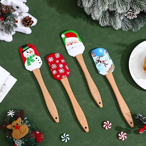 Tofficu 8pcs Christmas Silicone Spatula, Dough Scraper with Wooden Handle, Cake Baking Supplies for Kitchen Mixing Baking Cooking Icing(Assorted Color)