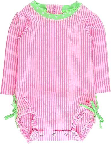 RuffleButts Baby-Girls Seersucker Long Sleeve Rash Guard - One Piece Swimsuit UPF 50+ Toddler