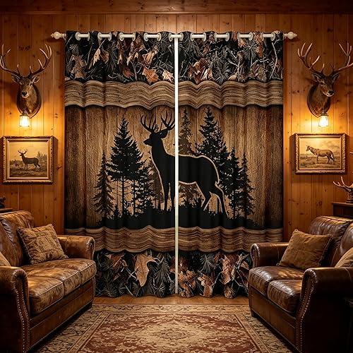 Erosebridal Farmhouse Deer Blackout Curtains for Bedroom Living Room Camo Woodland Hunting Window Curtains 2 Panels 42" Wx63 L Rustic Cabin Drapes,Wildlife Animal Print Window Treatments