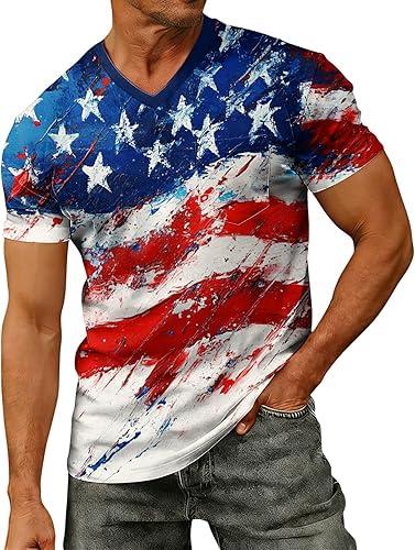 Men's American Flag Shirts, Short Sleeve V Neck Patriotic Shirt, 250 Anniversary America Tee Top, S-4XL