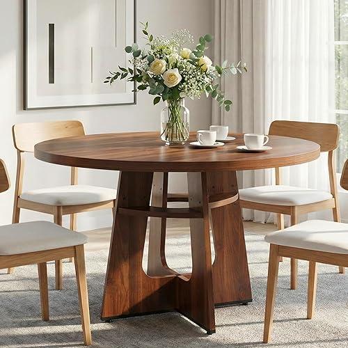 47" Round Dining Table for 4-6 Walnut, Farmhouse Wood Circle Dinner Table, Dark Brown Wooden Circular Dinner Tables Easy Assembly for Dining Room/Kitchen/Living Room/Apartment (Table Only)