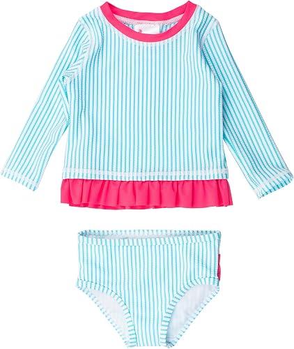 RuffleButts Baby/Toddler Girls Seersucker Long Sleeve Rash Guard Bikini