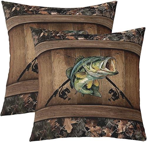 Erosebridal Camo Bass Fish Throw Pillow Covers 16x16 Set of 2 Pike Fish Fishing Cushion Cover Camouflage Hunting Throw Pillow Case for Bed Couch Sofa Rustic Farmhouse Home Decor