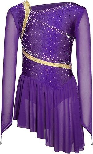 Agoky Kids Girls Figure Ice Skating Dress Mesh Long Sleeve Lyrical Dance Dress Rhinestone Leotard for Performance