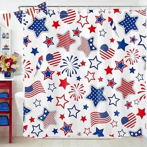 LB Patriotic 4th of July Shower Curtain for Bathroom, American Flag Red White and Blue Fabric Shower Curtain with Hooks,Heart and Stars USA Flag Patriotic Bathroom Curtain Shower Set, 72" W x 72" L
