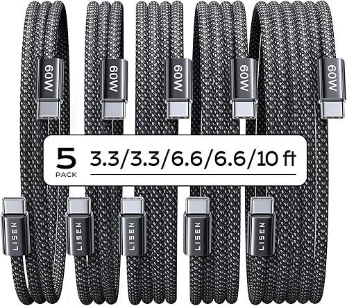 LISEN USB C to USB C Cable, 5-Pack [3.3/3.3/6.6/6.6/10FT] for iPhone 17 Charger Cord, 60W C to C Cable Fast Charging for iPad, iPhone 16 15 Pro Max, Galaxy S25/S24 USBC to USBC Cable Gifts for Men — 40% off