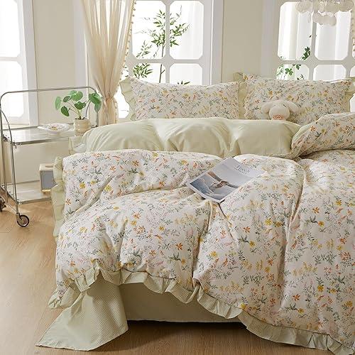 EAVD Vintage Style Garden Floral Duvet Cover Full White Soft 100% Cotton Fresh Spring Floral Ruffled Bedding Set with 2 Pillowcases Chic Cute Aesthetic Botanical Ruffled Duvet Cover with Zipper