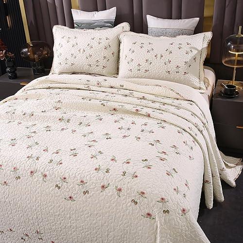 EAVD 3-Piece Floral Embroidery Quilt Set Queen Soft Cotton Bedding Set Beige White Bedspread with 3D Embroidered Flower & Green Leaves Pattern Lightweight Reversible Quilt with 2 Pillow Shams