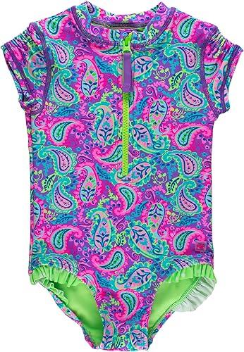 RuffleButts Girls UPF50+ Sun Protection Front Zipper Short Sleeve Rash Guard One Piece Swimsuit