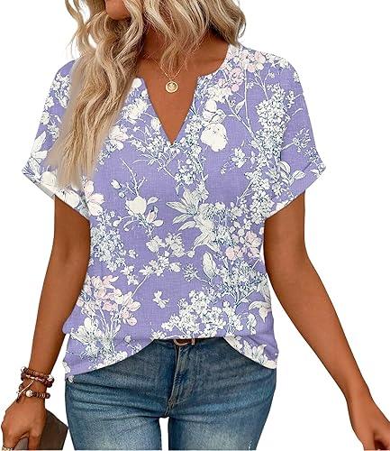 Womens Summer Tops Short Sleeve Basic Casual V Neck T Shirts Fashion Floal Pattern Blouses