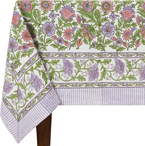 60x60 Inches Square Hand Block Printed Cotton Tablecloth, Purple Pink Floral Table Cloths Washable, Indian Table Linen for Valentine Thanksgiving Gifts Home Decor Dinning Outdoor