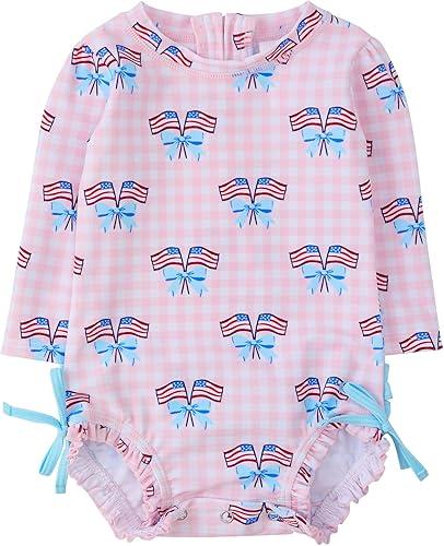 RuffleButts Baby Girls UPF 50+ Sun Protection Gingham Printed Long Sleeve One Piece Rash Guard Swimsuit with Zipper