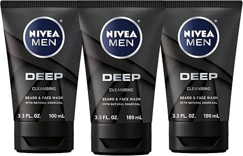 NIVEA MEN DEEP Cleansing Beard and Face Wash, Enriched with Natural Charcoal, 3 Pack of 3.3 Fl Oz Tubes