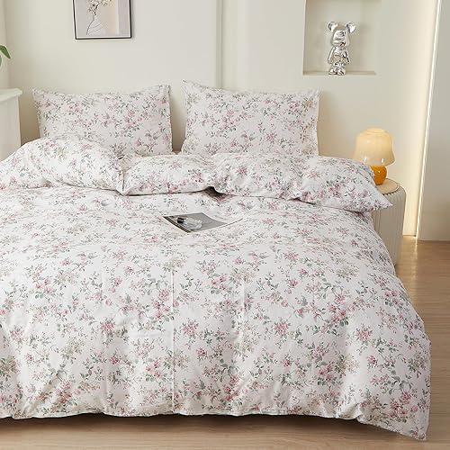 EAVD Vintage Style Pink Floral Duvet Cover King White Soft 100% Cotton Chic Shabby Floral Botanical Print Bedding Set with 2 Pillowcases Aesthetic Garden Botanical Duvet Cover with Zipper Closure