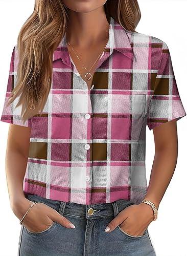 Womens Plaid Collared Tops Short Sleeve Shirts Button Down Casual Blouses V Neck Outfits
