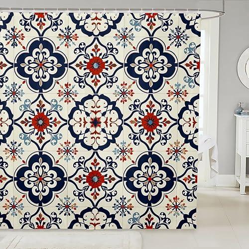 Erosebridal Mexican Tile Shower Curtain Set,Colorful Talavera Tile Bathroom Decor for Kids Adults,Vintage Boho Floral Bathroom Set 72 x 72 Inch,Ethnic Mexico Style Fabric Shower Curtain