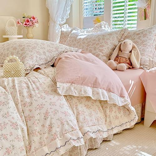 EAVD French Garden Pink Floral Ruffled Duvet Cover Queen Soft 100% Cotton Chic Cute Floral Bedding Set with Lace Trim Cottagecore Botanical Duvet Cover with Zipper Closure