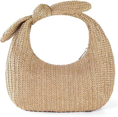 SEWACC Woven Handle Bag for Women, Straw Inspired Polyester Tote Bag with Bow, Summer Clutch Purse Handbag