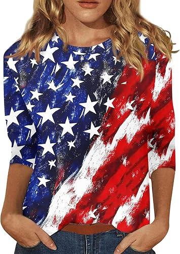 Womens American Flag T Shirt 3/4 Length Sleeves Crew Neck American Flag Print Tees Plus Size Summer Tops, S-3Xl