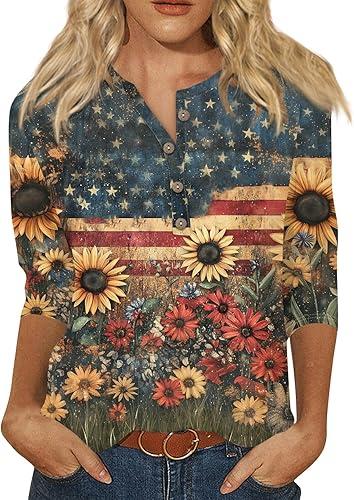 Womens American Flag Tshirt 3/4 Sleeve Crew Neck American Flag Shirts 4Th of July Summer Shirts Floral Tops, S-3Xl