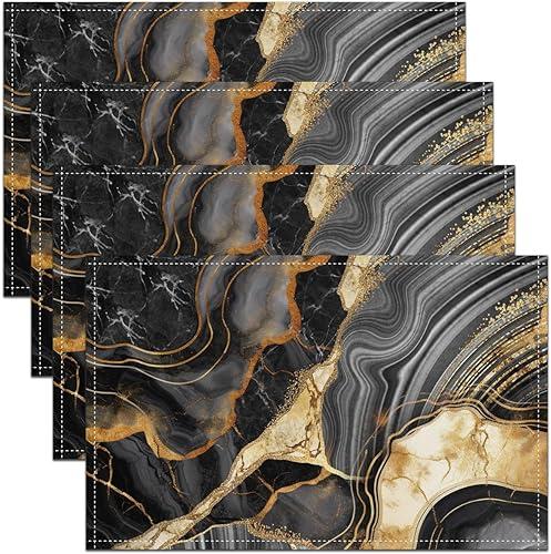 Erosebridal Black Gold 4 PCS of Marble Placemats 12x18, Marbling Crack Non Slip Place Mats, Abstract Metallic Texture Table Mats, Luxury Shinny Boho Hippie Fluid Heat Resisting Placemats