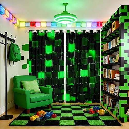 Castle Fairy 3D Green Block Window Curtain | Video Games Window Drapes for Kids Bedroom Decor,Miners Gaming Blackout Curtains Pixel Geometric Grid Living Room Top 2 Panels,38Wx54L