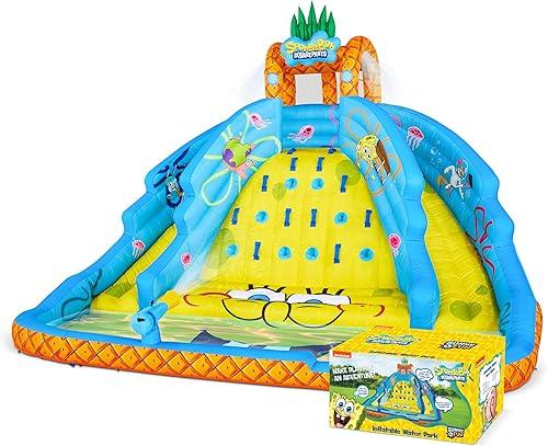 Sunny & Fun SpongeBob Ultra Climber Inflatable Water Slide Park – Heavy-Duty for Outdoor Fun - Climbing Wall, Two Slides & Splash Pool – Easy to Set Up & Inflate with Included Air Pump & Carrying Case