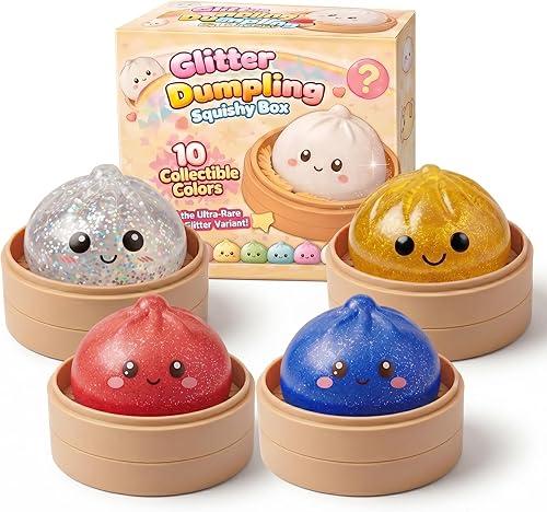 Glitter Dumpling, Glitter Dumpling Squishy Box, Squishy Bao Bun, Squeeze Dough Ball Stress Relief Hand Toys with Food Steamer (4 Color, Transparent)