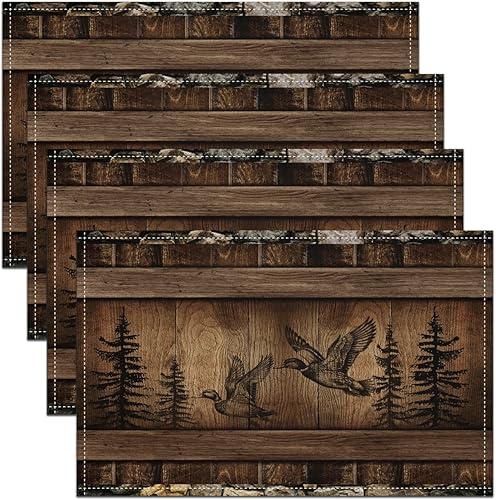 Erosebridal Set of 4 Mallard Duck Place Mats 12x18 Inch,Duck Hunting Table Mats for Kids Boys Girls,Vintage Wooden Placemats,3D Poultry Animal Waterproof Placemats,Heat Resisting