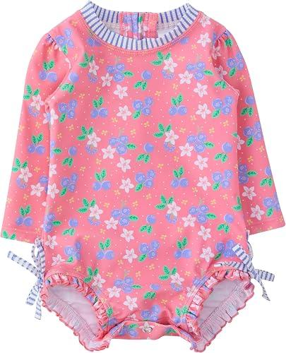 RuffleButts Baby Girls UPF 50+ Sun Protection Floral Printed Long Sleeve One Piece Rash Guard Swimsuit with Zipper