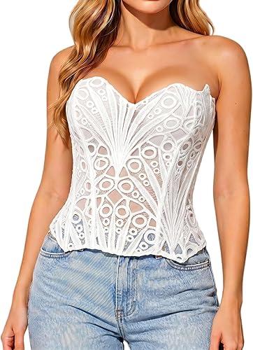 Corset Tops for Women Lace Up Overbust Bustier Sexy Floral Lace Waist Cincher Going Out Club Party Y2K Tops