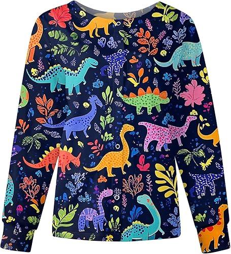 Long Sleeve Scrub Tops Women Animal Print Scrub Jacket Plus Size Snap Front Pattern Nurse Uniform with Pockets