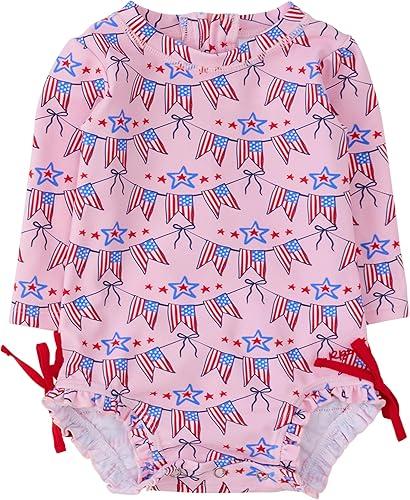 RuffleButts Baby Girls UPF 50+ Sun Protection Floral Printed Long Sleeve One Piece Rash Guard Swimsuit with Zipper