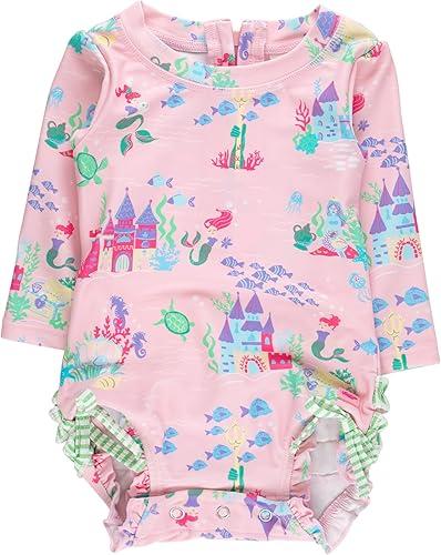 RuffleButts Baby Girls UPF 50+ Sun Protection Floral Printed Long Sleeve One Piece Rash Guard Swimsuit with Zipper