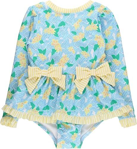 RuffleButts Girls UPF50+ Long Sleeve One Piece Bow Peplum Rash Guard Swimsuit