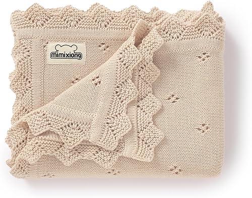 mimixiong Cotton Baby Blanket Knitted Crochet Receiving Crib Nursery Swaddling Blankets for Newborn Baby Boy Girl 30x40 Inch (Oatmeal)