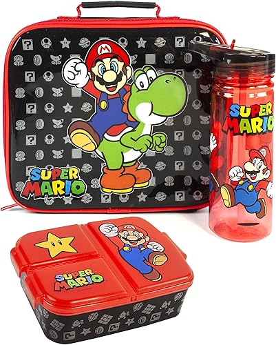 Super Mario Lunch Box Set for Kids | Yoshi Childrens School Food Bag, BPA Free Water Bottle & Snack Pot | Gamer Merchandise