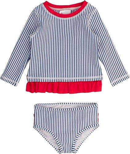 RuffleButts Baby/Toddler Girls Seersucker Long Sleeve Rash Guard Bikini